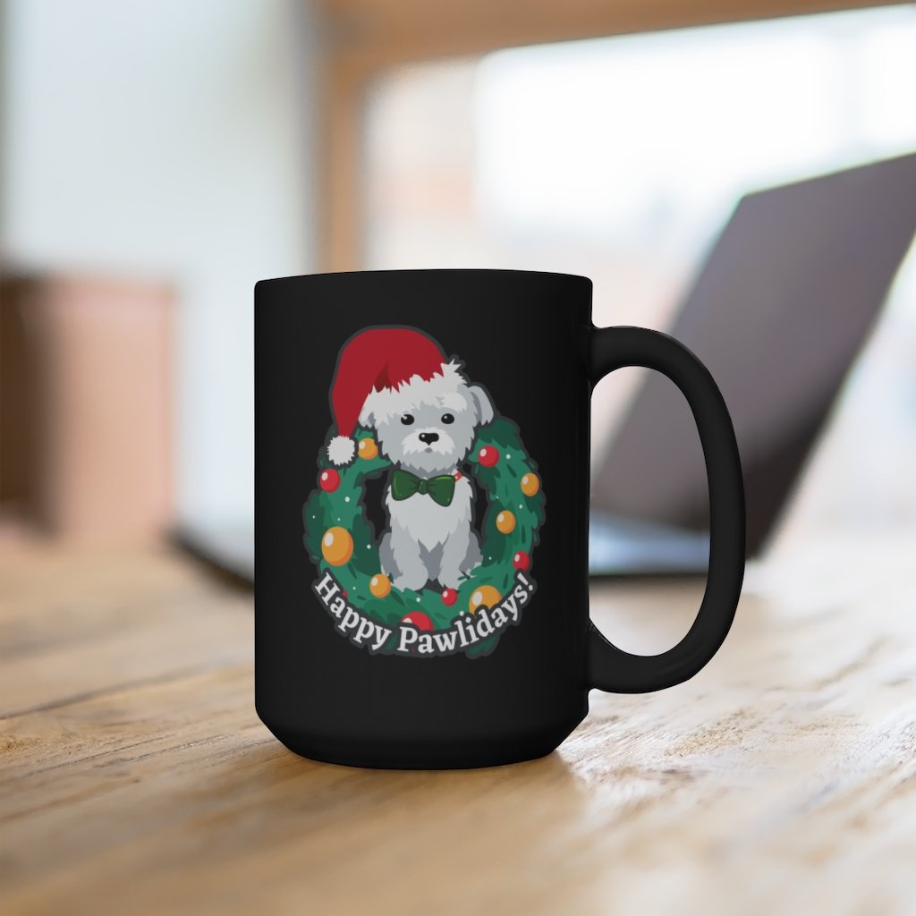 Happy Pawlidays - Cute Christmas Puppy Coffee Mug 15 oz, Black [15oz] NAB It Designs