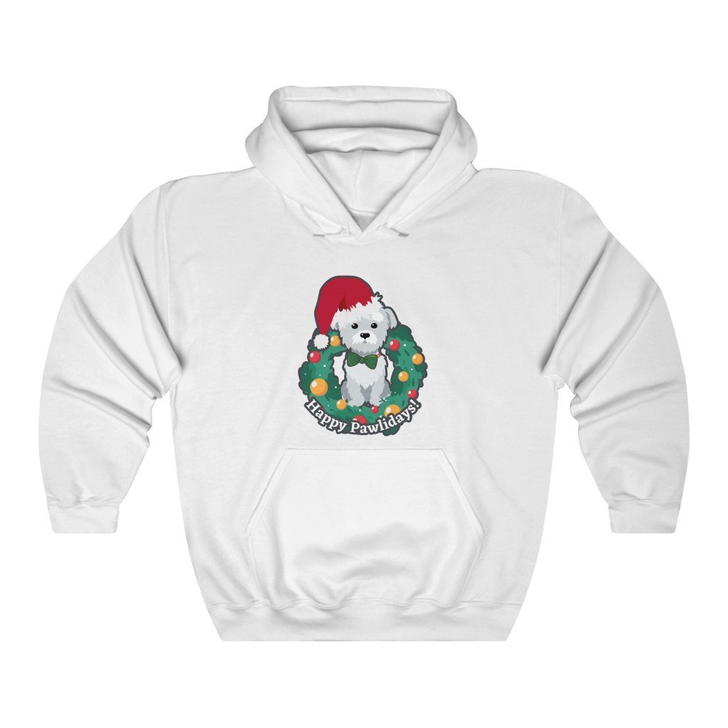 Happy Pawlidays - Cute Christmas Puppy Hooded Sweatshirt (Unisex) [White] NAB It Designs