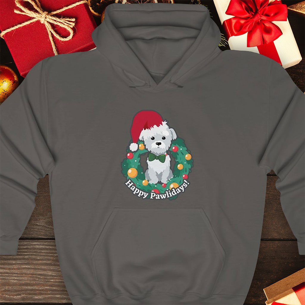 Happy Pawlidays - Cute Christmas Puppy Hooded Sweatshirt (Unisex) [Charcoal] NAB It Designs