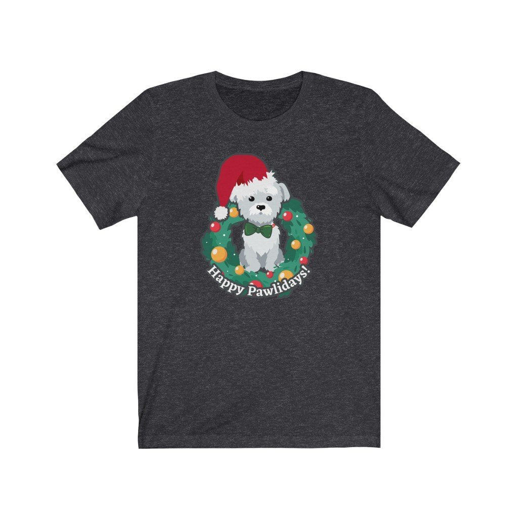 Happy Pawlidays - Cute Christmas Puppy T-Shirt (Unisex) [Dark Grey Heather] NAB It Designs