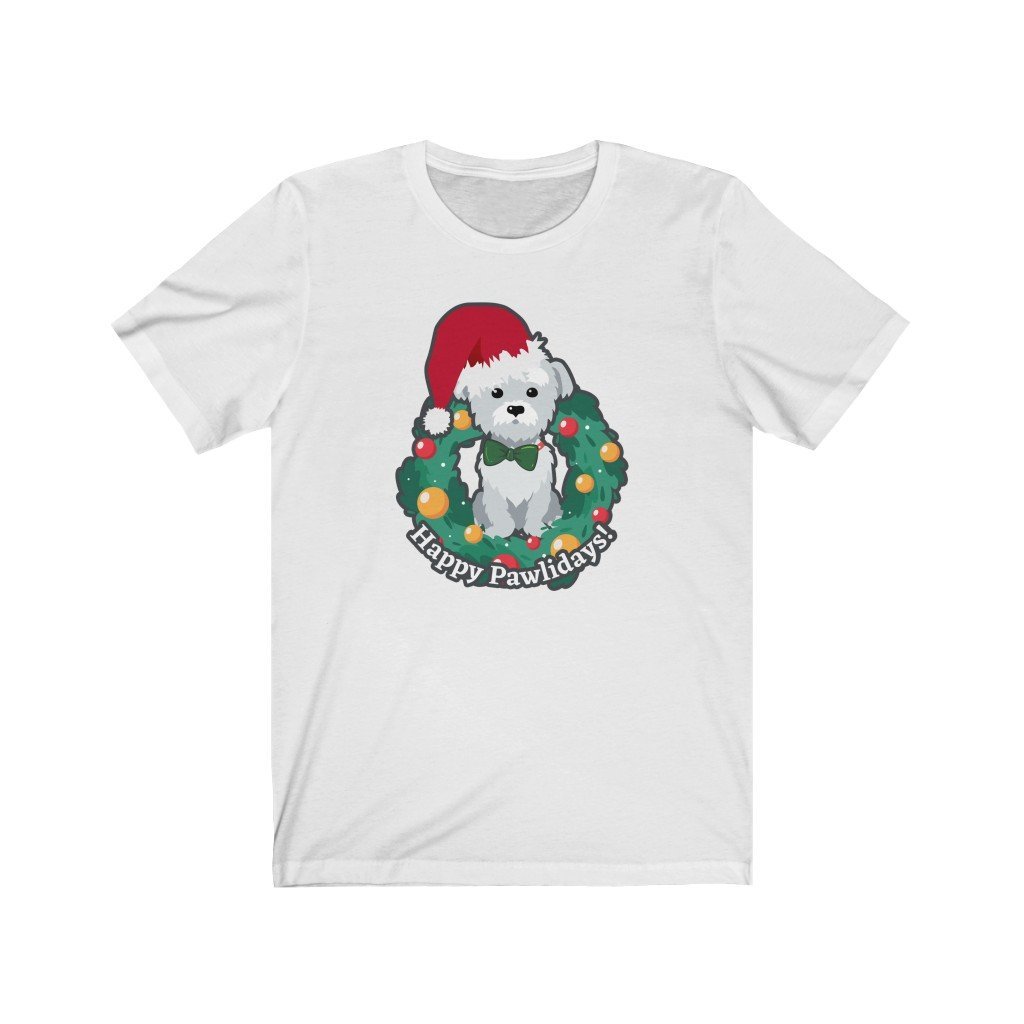 Happy Pawlidays - Cute Christmas Puppy T-Shirt (Unisex) [White] NAB It Designs