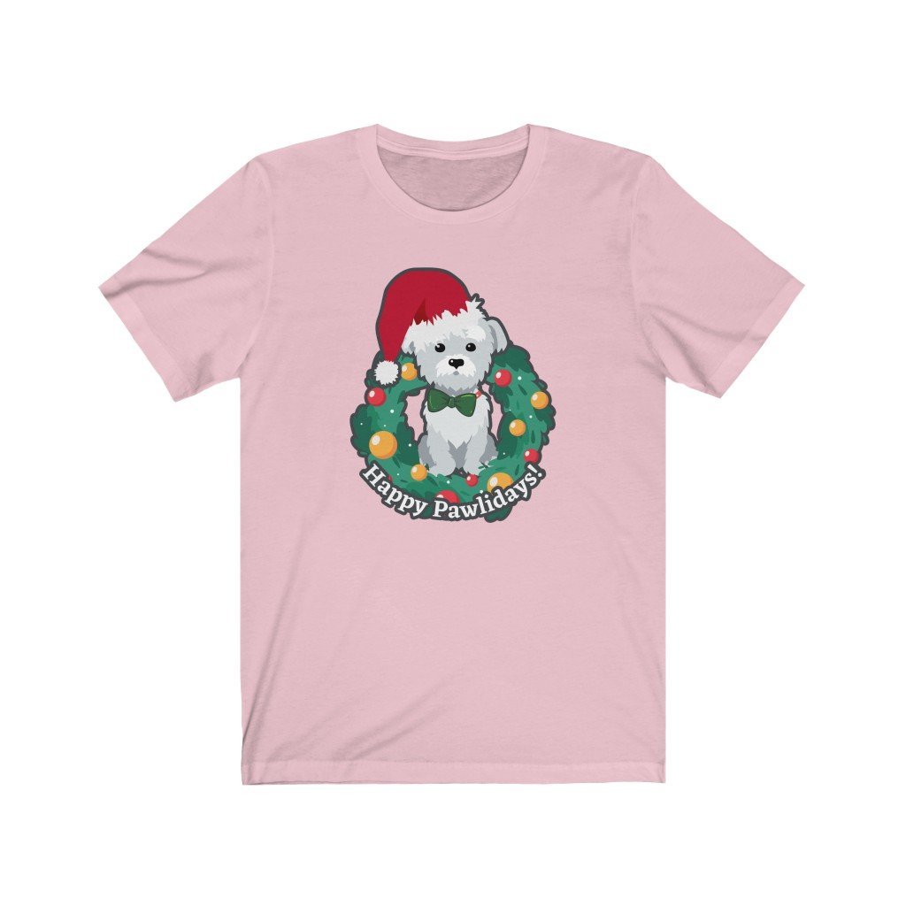 Happy Pawlidays - Cute Christmas Puppy T-Shirt (Unisex) [Pink] NAB It Designs