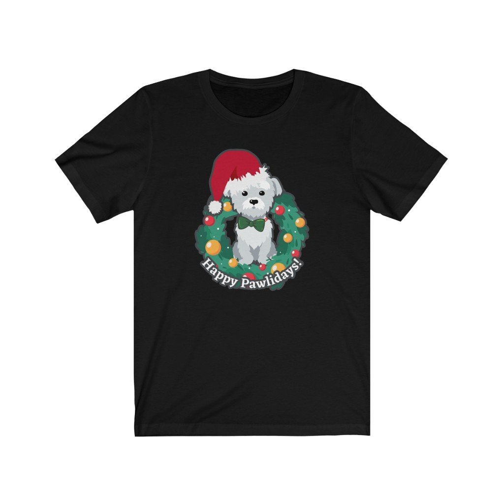 Happy Pawlidays - Cute Christmas Puppy T-Shirt (Unisex) [Black] NAB It Designs