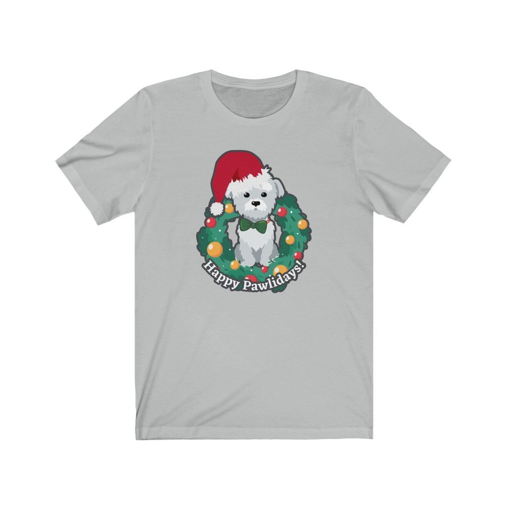 Happy Pawlidays - Cute Christmas Puppy T-Shirt (Unisex) [Ash] NAB It Designs